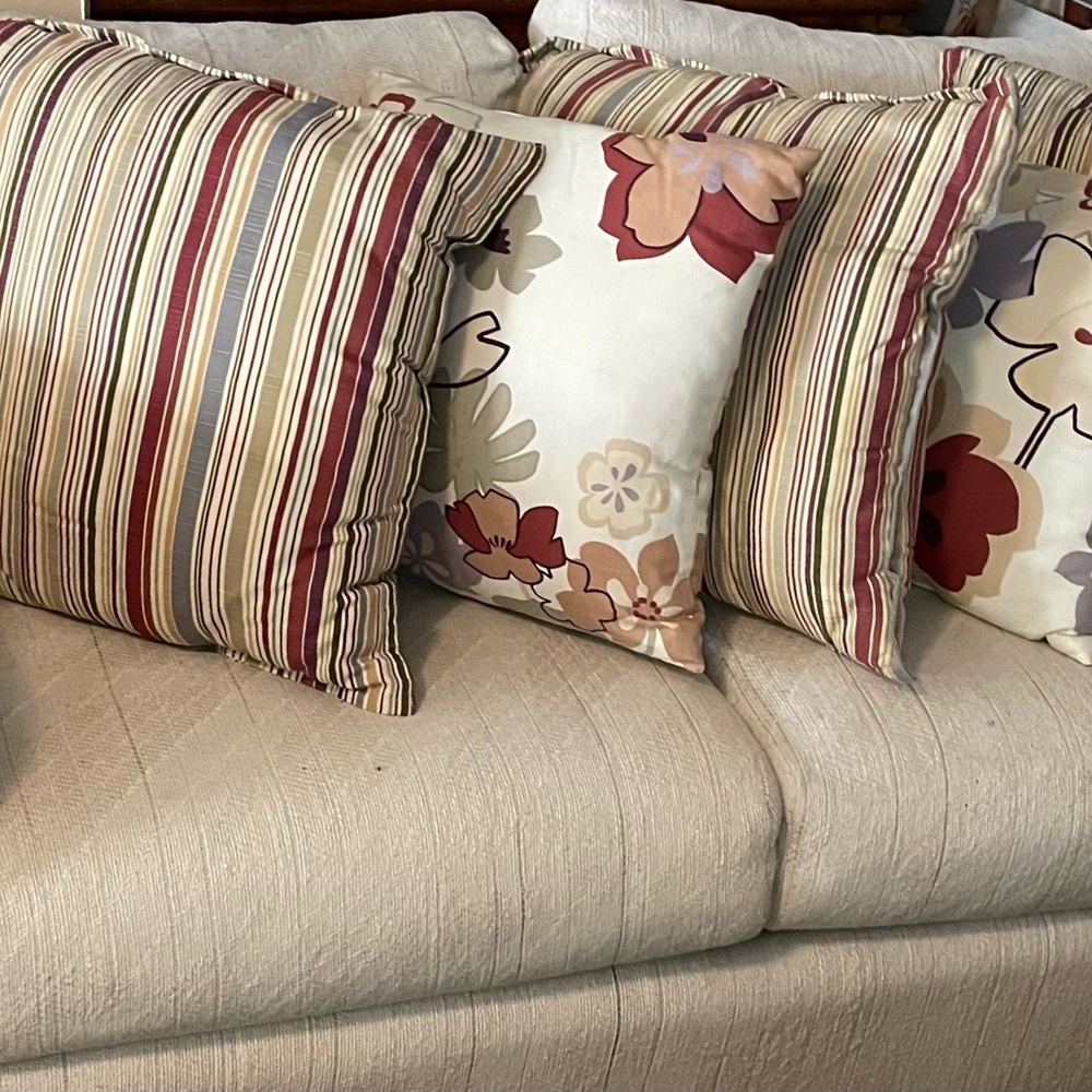 Pier 1 Striped and Floral Accent Pillow: Red, Cream, Brown, Grey